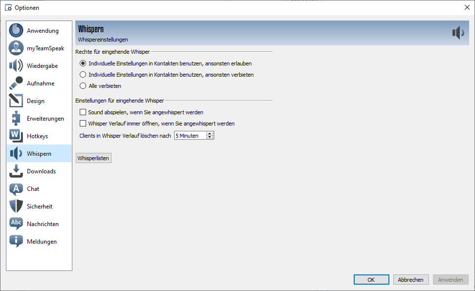 Whisper-Einstellungen TeamSpeak