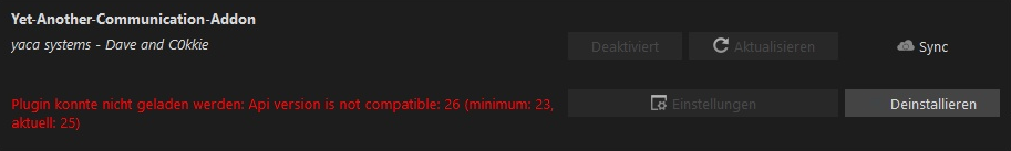 Fehlermeldung YACA-API-Version nicht kompatibel